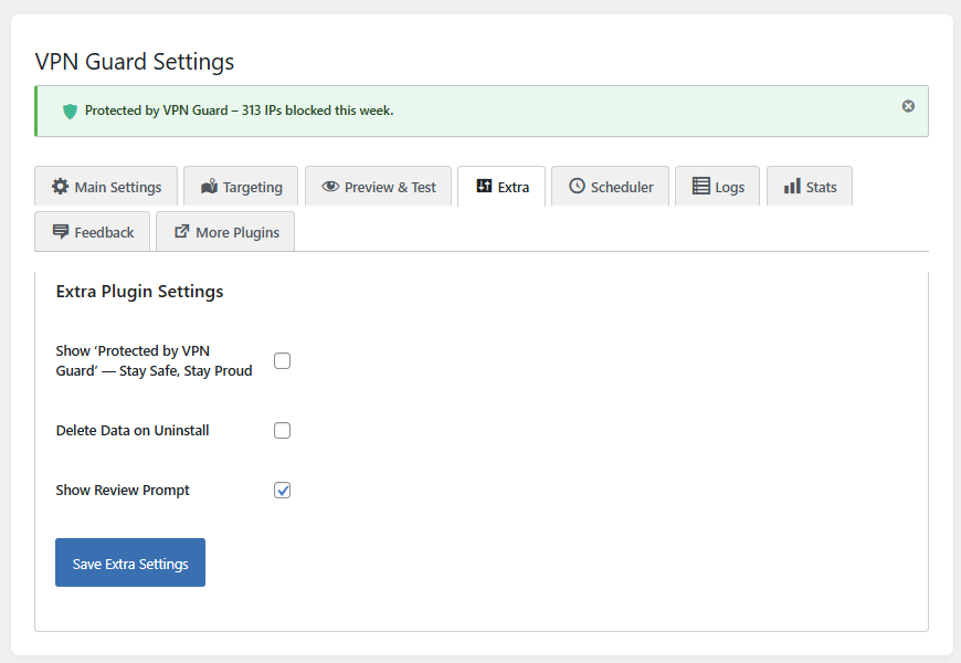 **Extra Settings:** Manage miscellaneous options like the footer badge and data deletion on uninstall.
