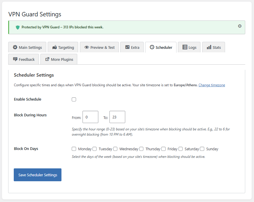 **Scheduler:** Set up specific days and hours for when VPN blocking should be active.