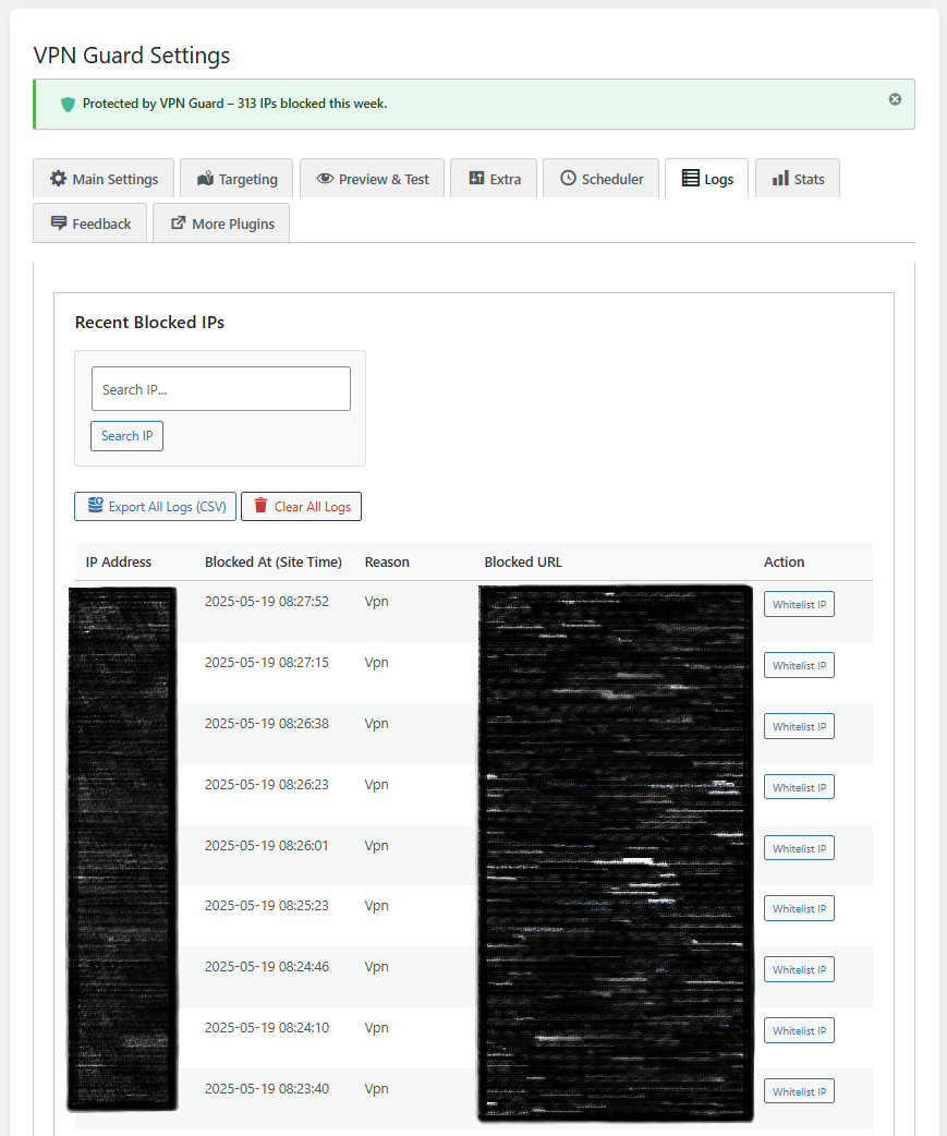 **Logs Viewer:** Review recently blocked IPs, including details like time, reason, URL, and perform actions like whitelisting.