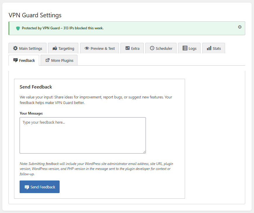 **Feedback Form:** Easily send feedback, bug reports, or feature requests directly to the plugin developer.