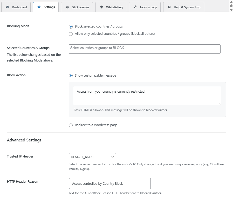 Main Settings Tab (Blocking Mode and Block Actions)