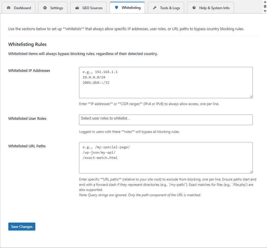 Whitelisting Rules Tab (IPs, Roles, and URL Path Exclusions)
