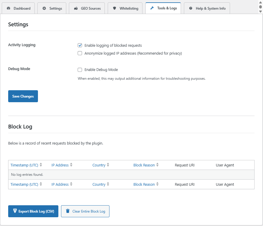 Tools & Logs Tab (Activity Logging and Block Log Table)