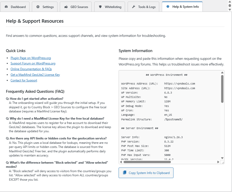 Help & System Info Tab (FAQ and System Diagnostics)