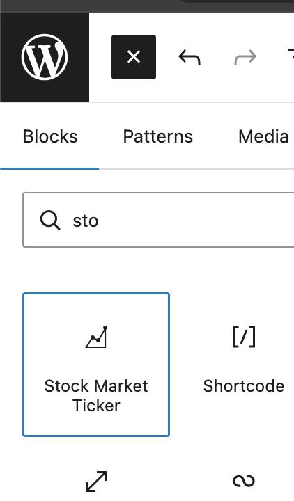 Finding the Stock Market Ticker block in the Gutenberg block inserter.