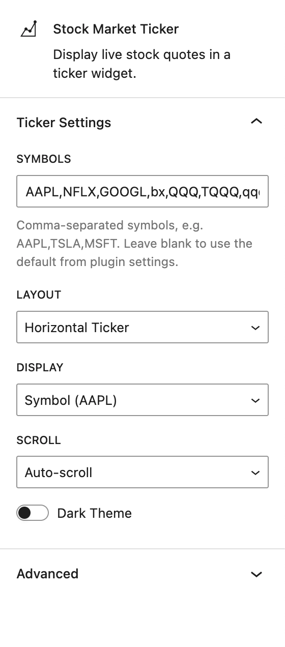 Gutenberg block sidebar settings panel with layout, display, scroll and theme controls.