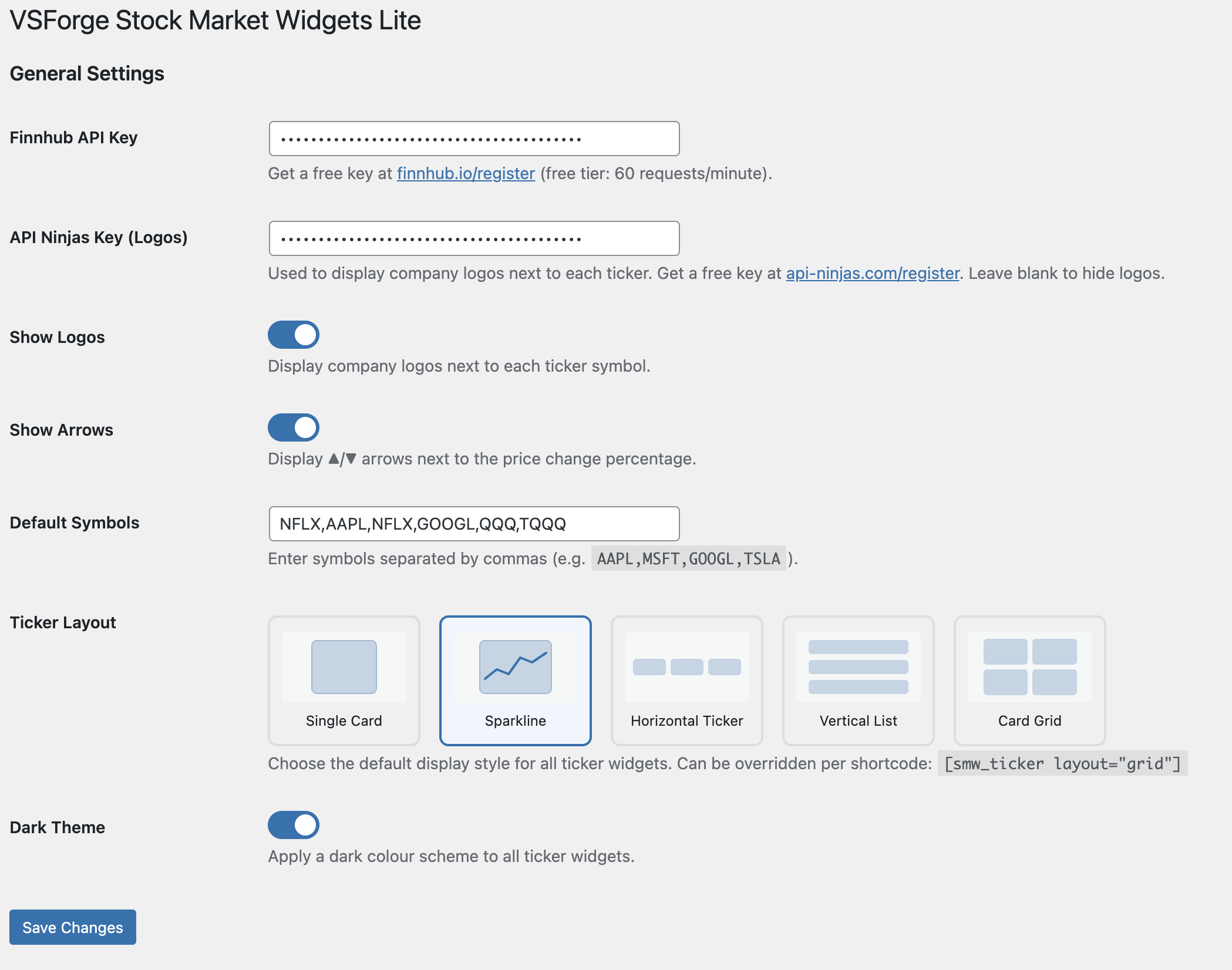 Admin settings page — API keys, layout picker and global defaults.