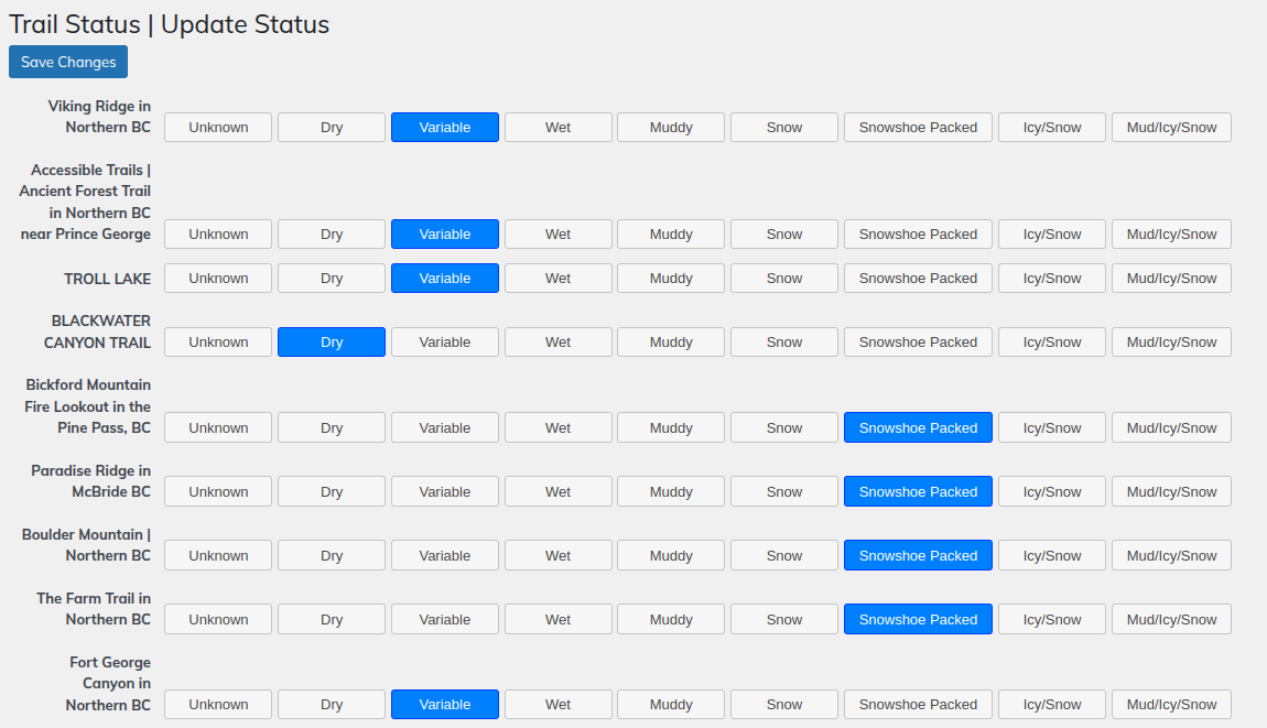 Admin Trail Status List Page with Inline Editing
