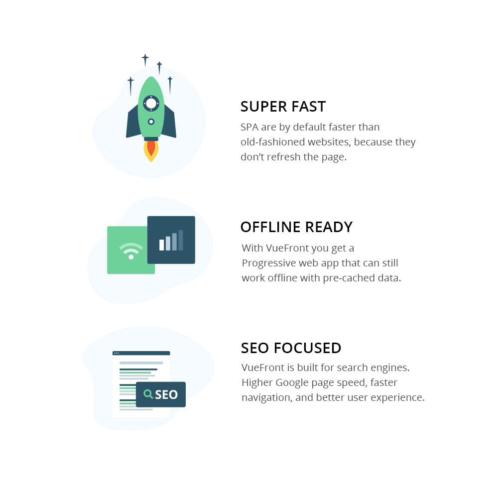 VueFront is super fast, off-line ready, SEO ready