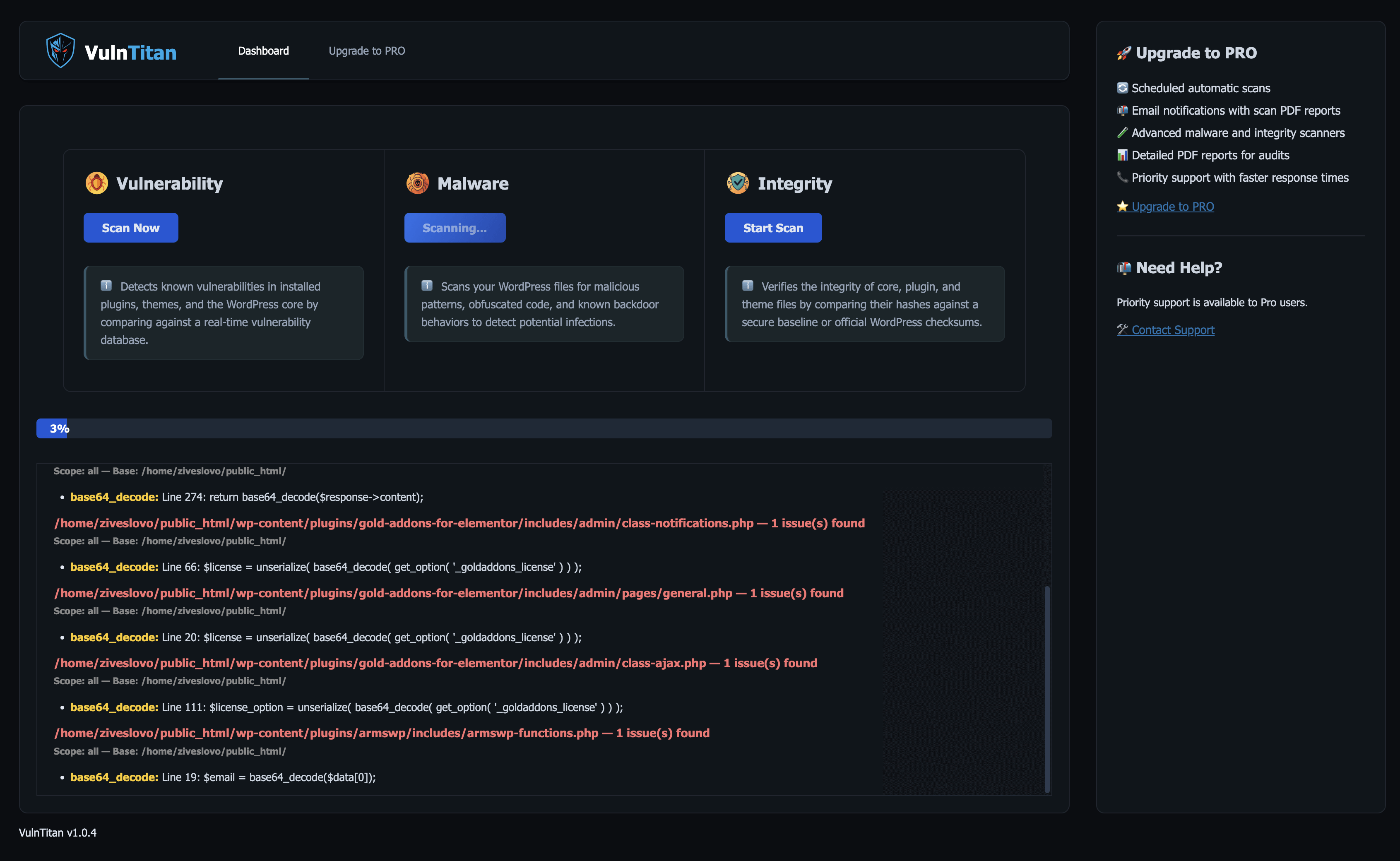 Example vulnerability detection results.