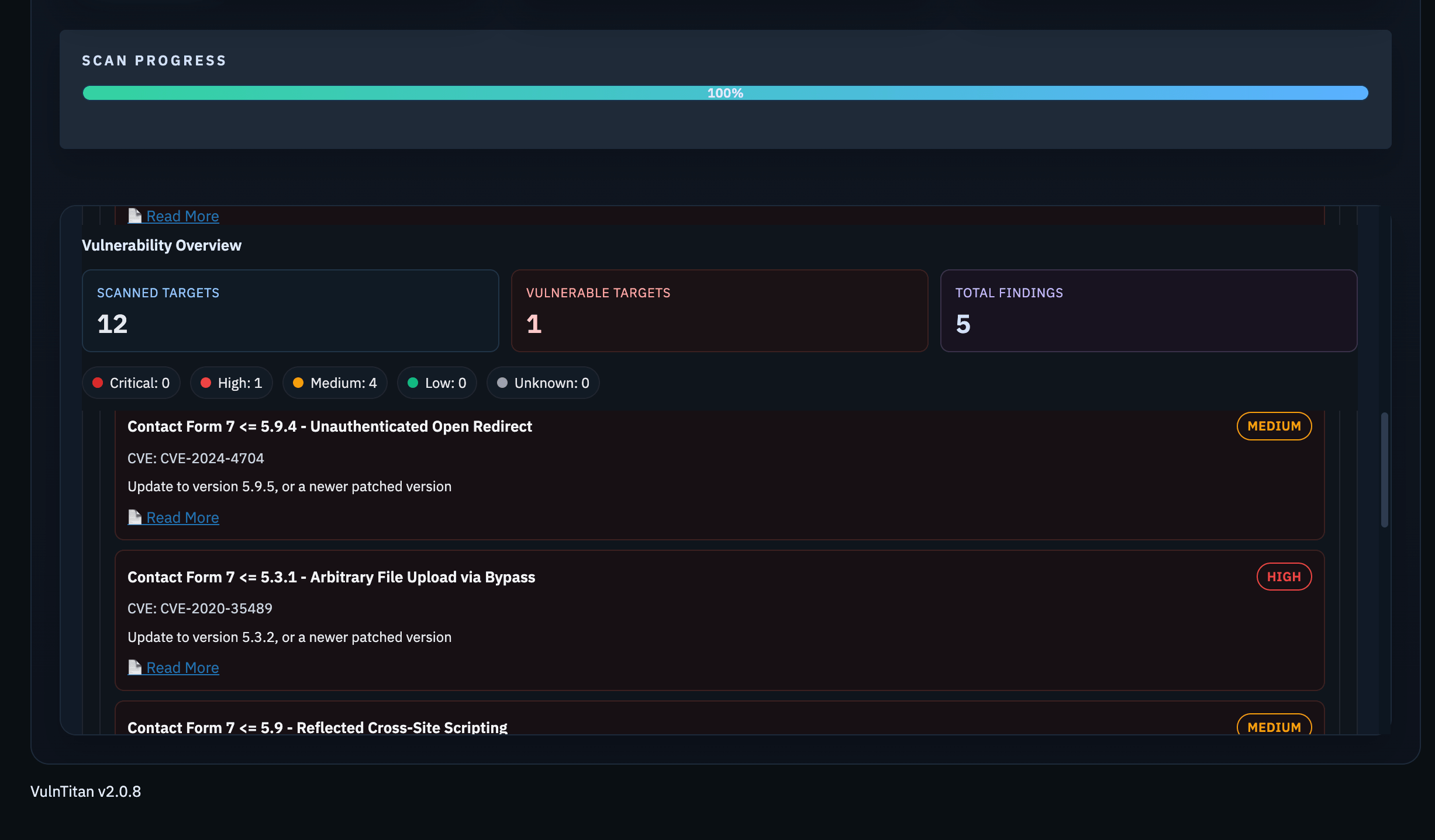 Vulnerability scanner results showing vulnerable plugins and themes.