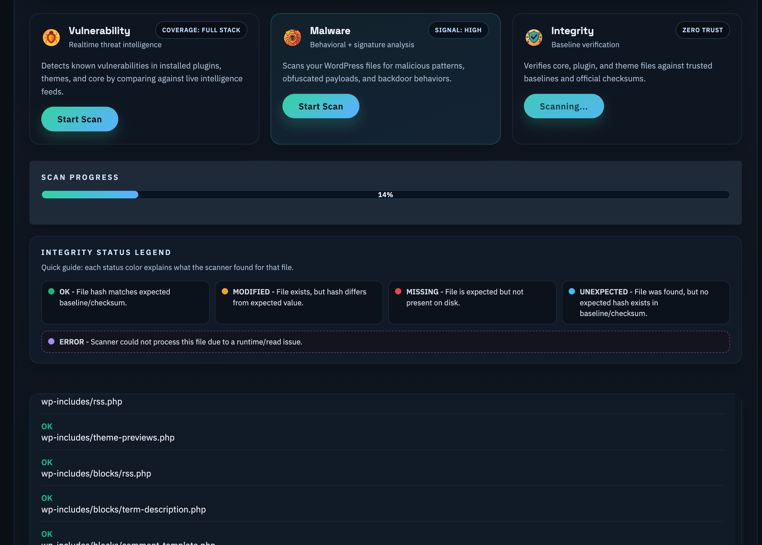 File integrity scan results with baseline comparison.