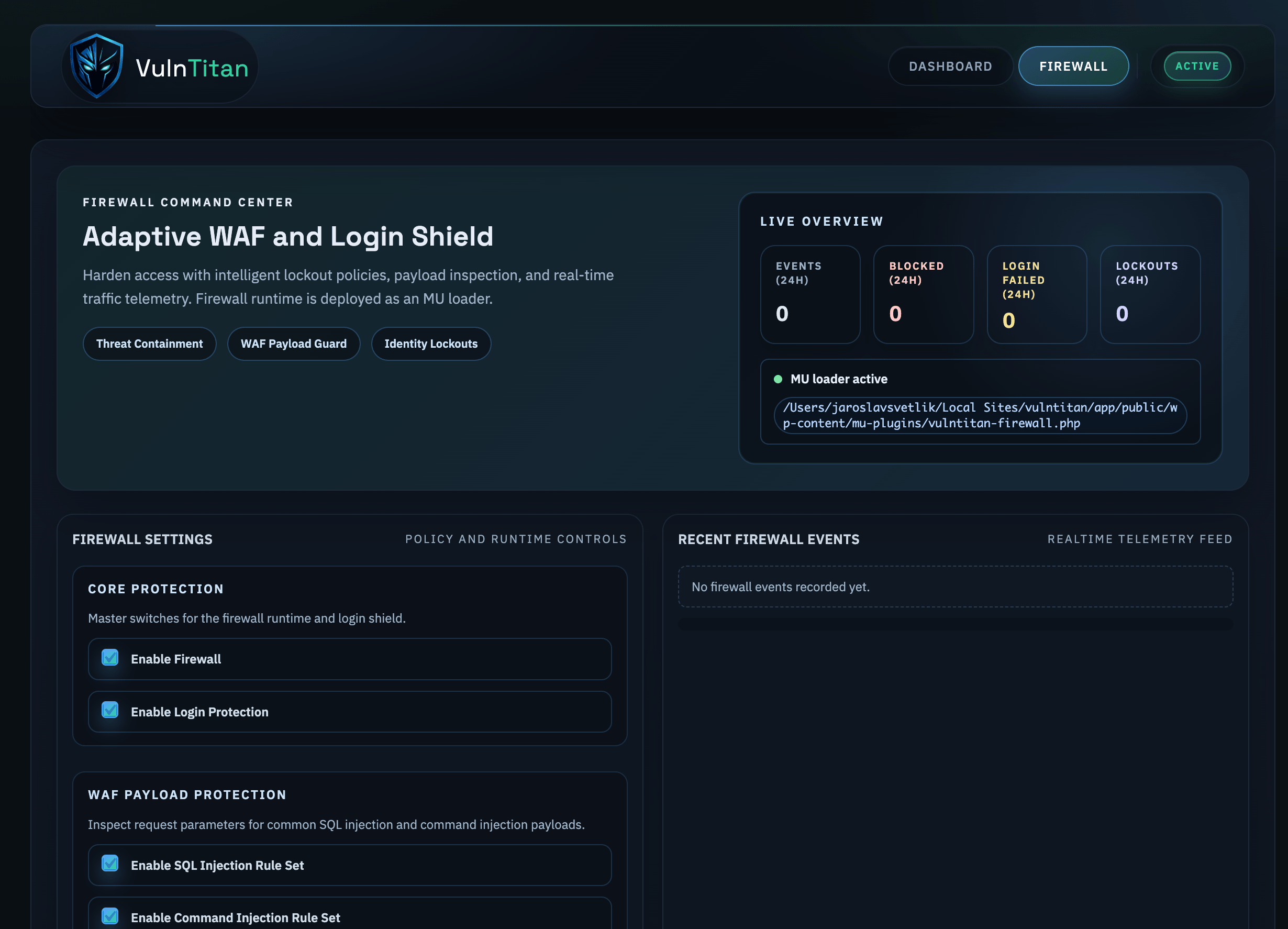 Firewall and WAF protection settings panel.