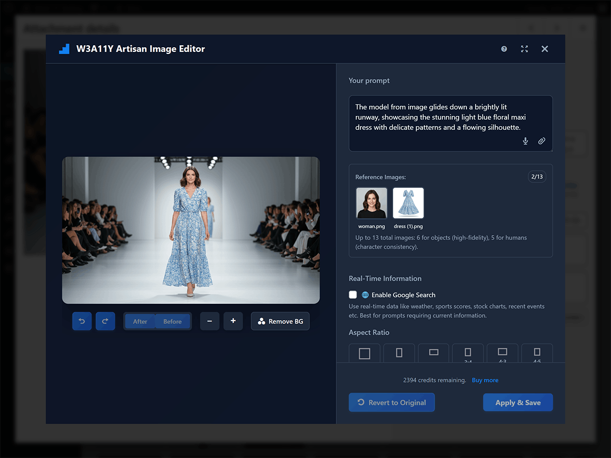 **AI Image Generation Modal** - Generate images and edit from text descriptions via text or voice input with professional interface