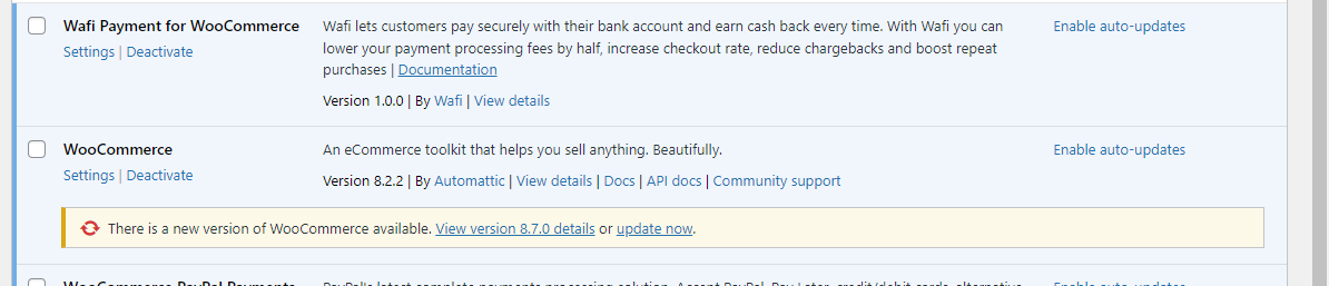 Wafi displayed as a payment method on the WooCommerce payment methods page