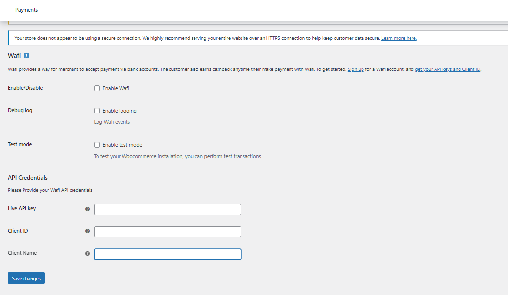 Wafi WooCommerce payment gateway settings page