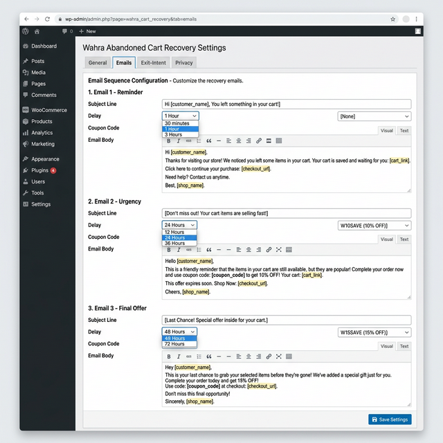 Settings Page — Tabbed settings panel (General, Emails, Exit-Intent, Privacy) with visual WYSIWYG email editor