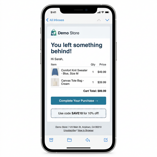 Recovery Email — Professional email with cart items table, totals, and one-click recovery button