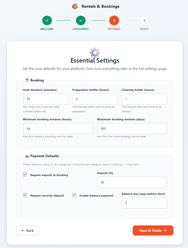 Booking wizard – Category selection (Accommodation, Vehicle, Equipment, Space, Service, Product).