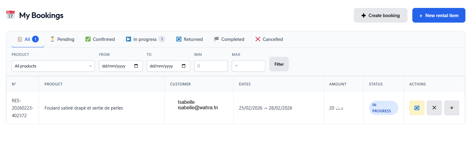 Vendor dashboard – Interactive FullCalendar view with color-coded booking statuses and event previews.