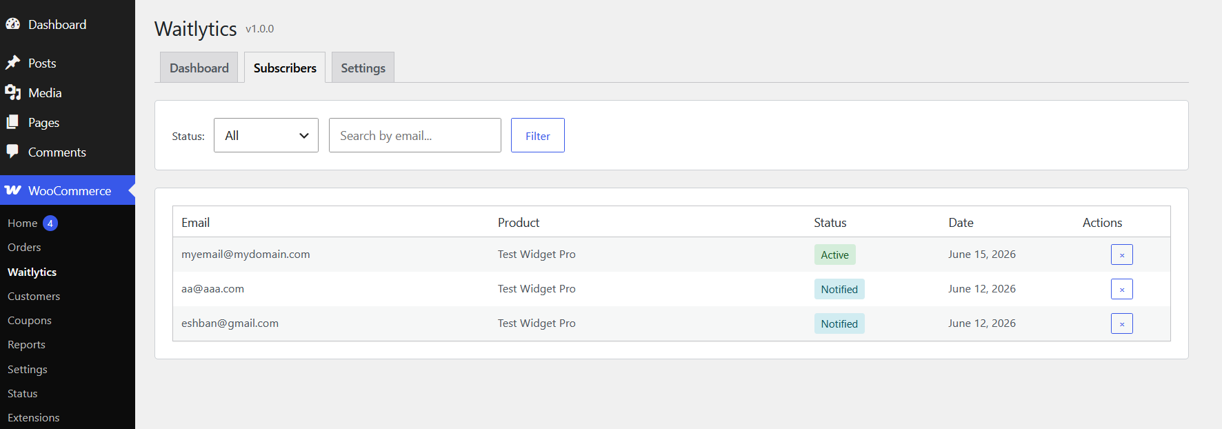 Subscriber management table with status and filtering.