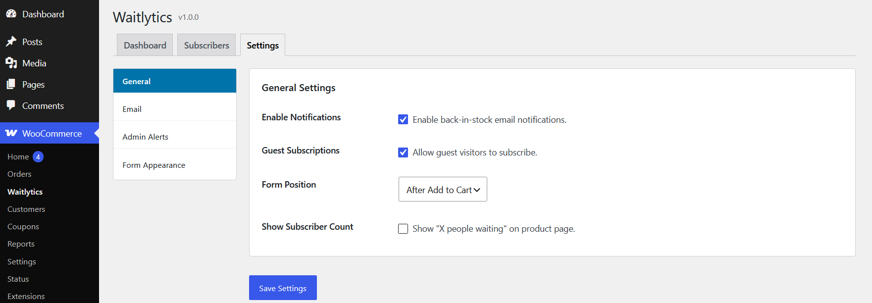 Settings page with general notification configuration.