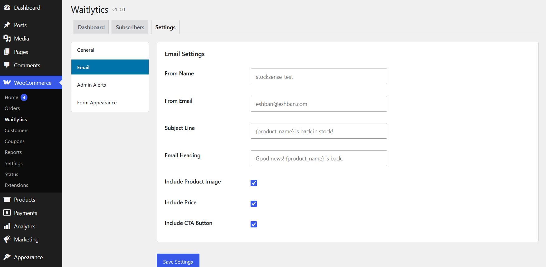 Email settings for customizing back-in-stock notifications.
