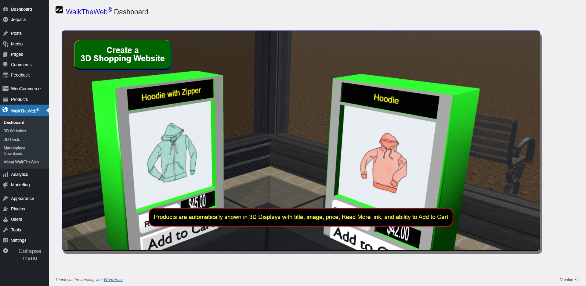 WordPress Menu - 3D Websites - Provides a list of the 3D Websites you create with links to the 3D Scene and 3D Store Building directly.