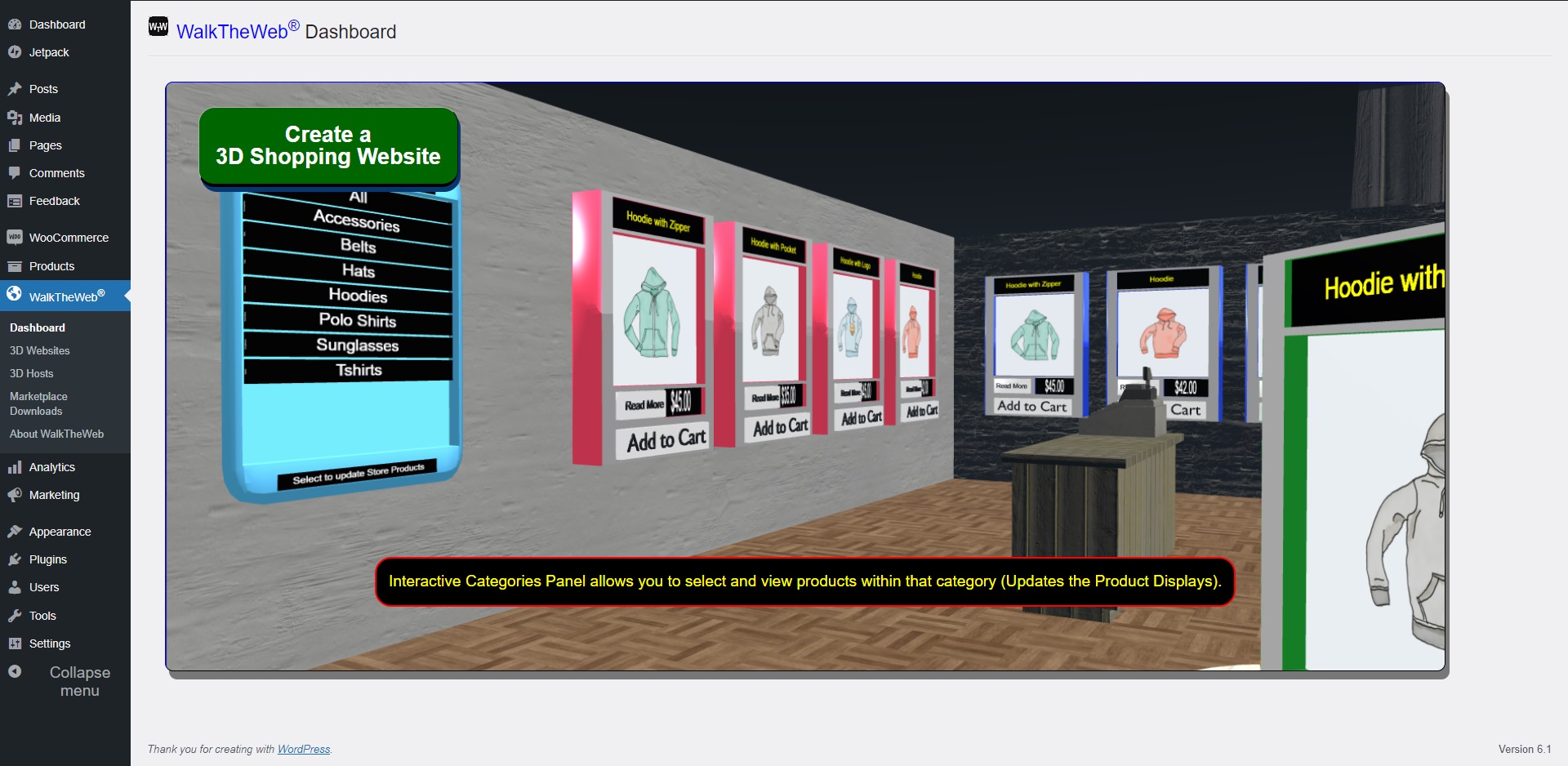 WalkTheWeb 3D Shopping Website - Shows the menu option to go to Admin Mode.