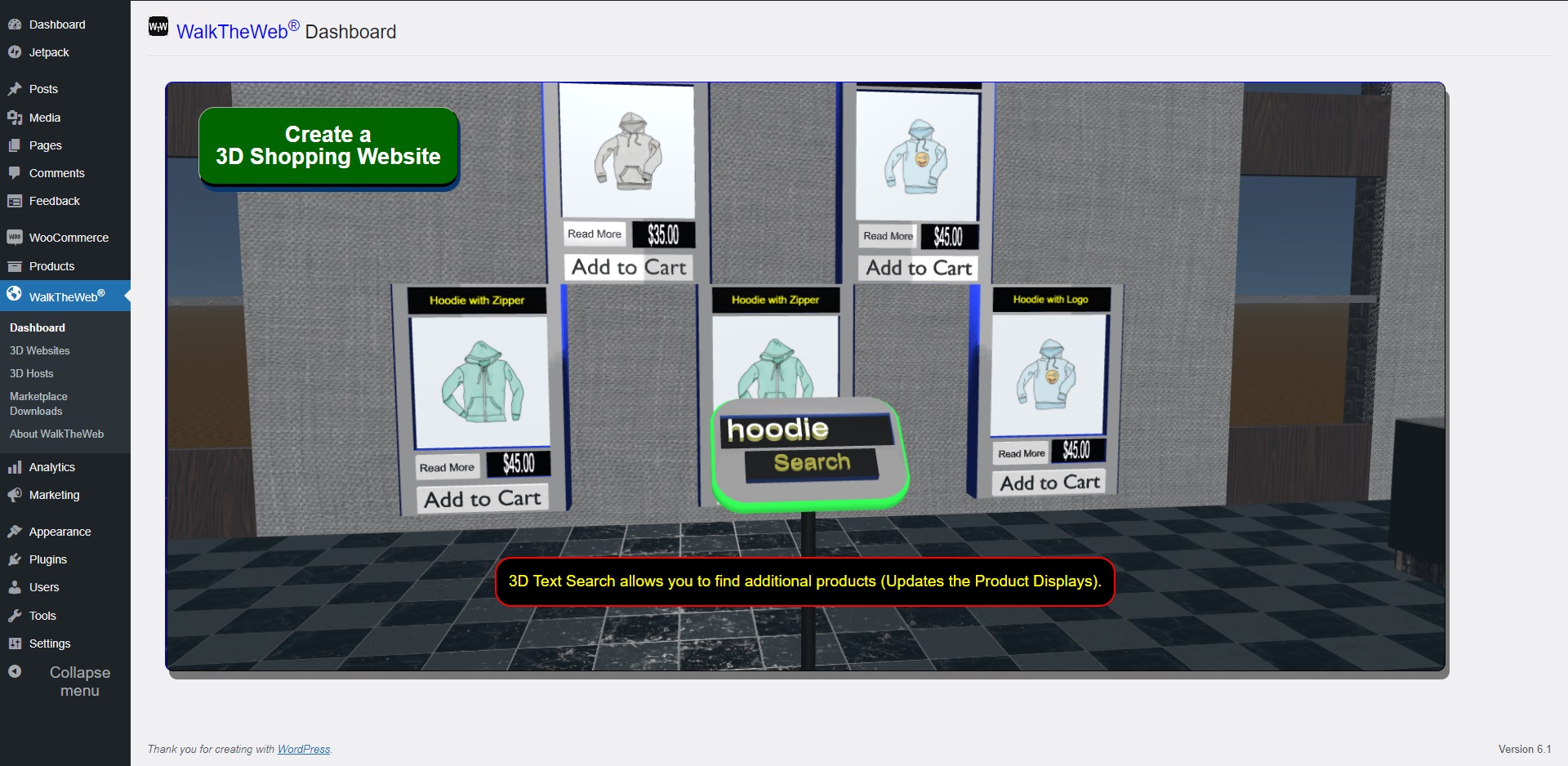 WalkTheWeb 3D Shopping Website - Admin Menu with 3D Community Scene Opened and ready to edit. Check out our videos on YouTube for more about editing.