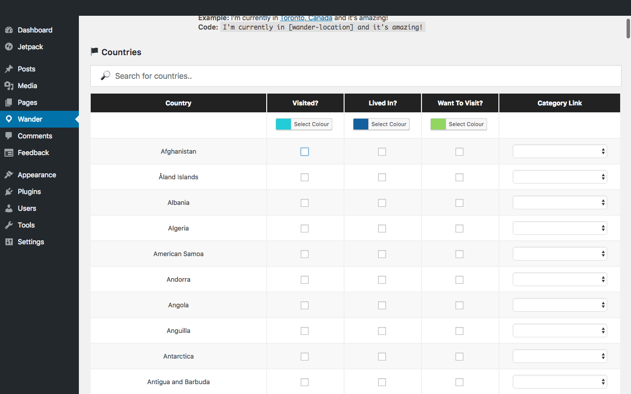 The admin dashboard, showing options for choosing visited countries.
