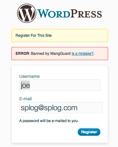 **WangGuard on WordPress** - WangGuard banning an unwanted user on WordPress registration page.