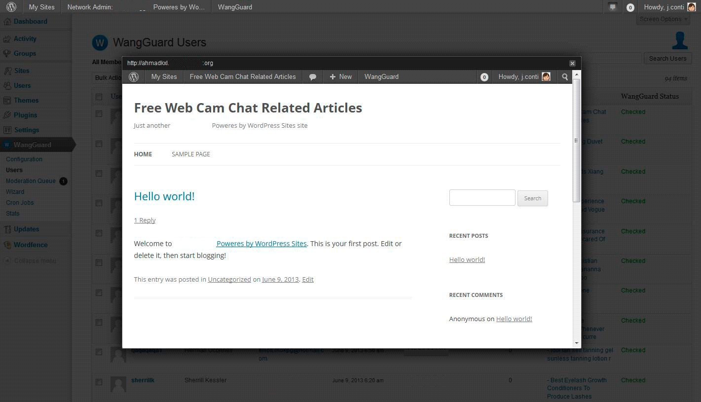 **WangGuard on WordPress Multisite** - WangGuard banning an unwanted user on WordPress Multisite registration page.