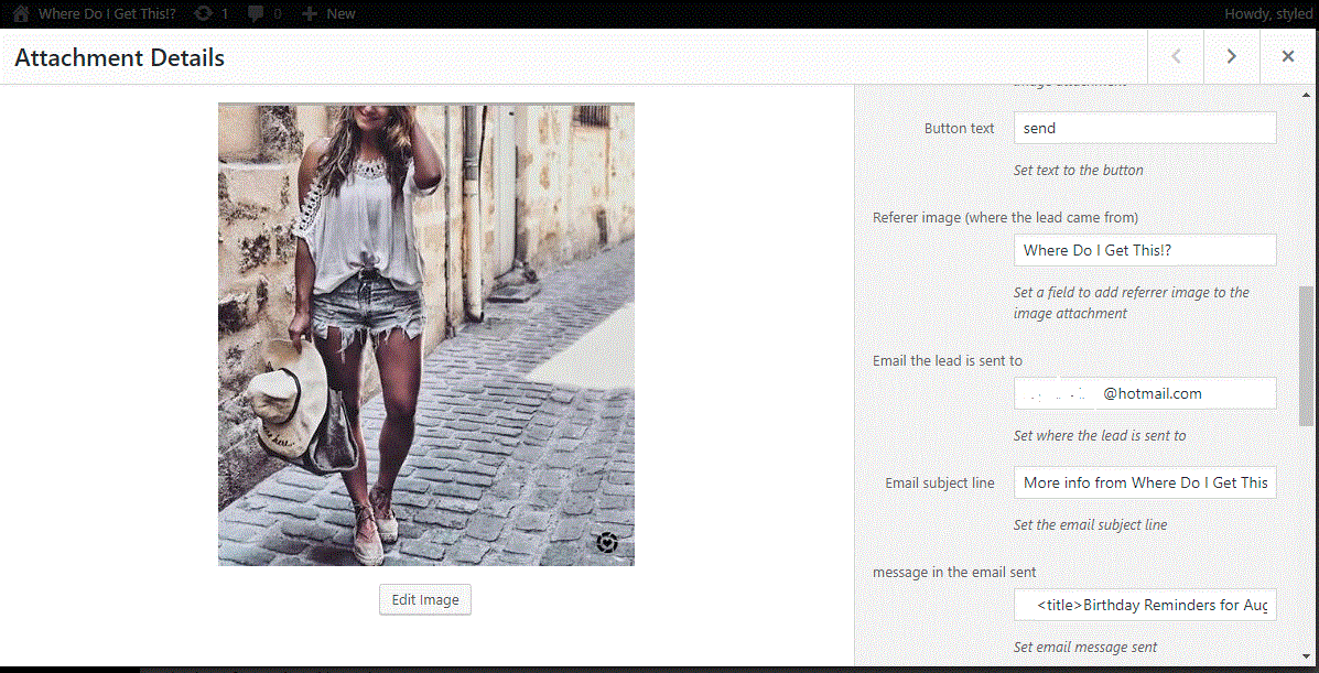 Sample of custom fields for an image attachment; button text customized the text on the button of the form