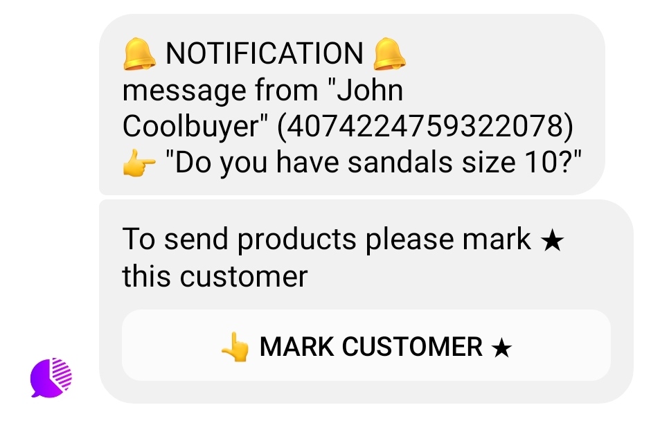 Notification to shop manager on text message from customer