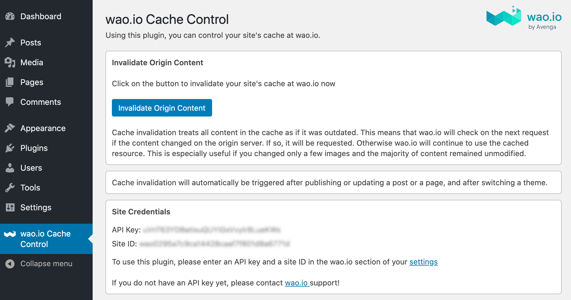 This screen shows the main page, **Cache Control**
