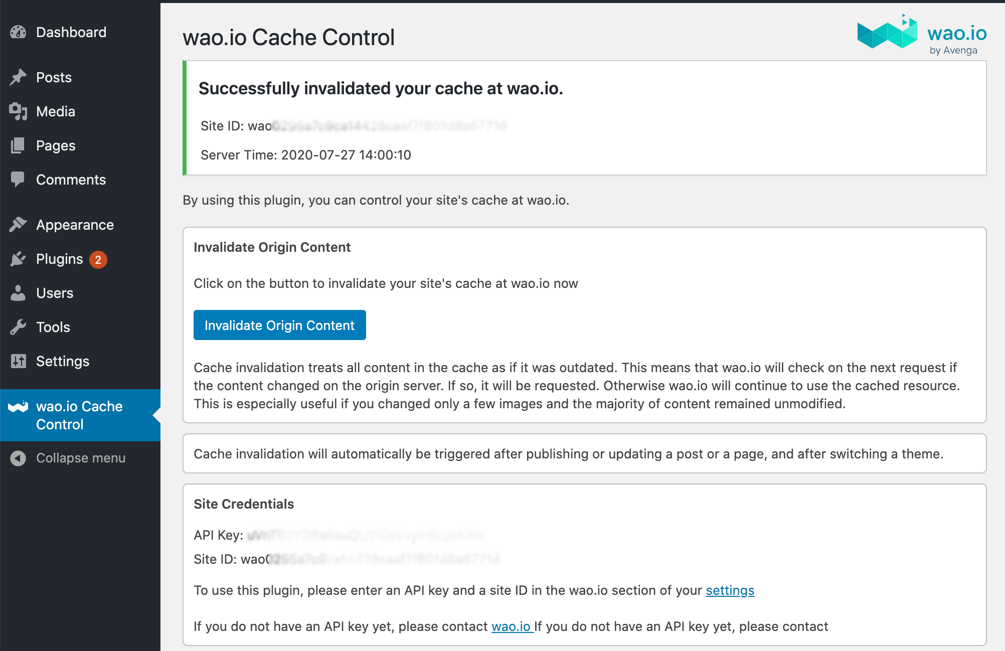 This screen shows the main page after successfully triggering a cache invalidation.