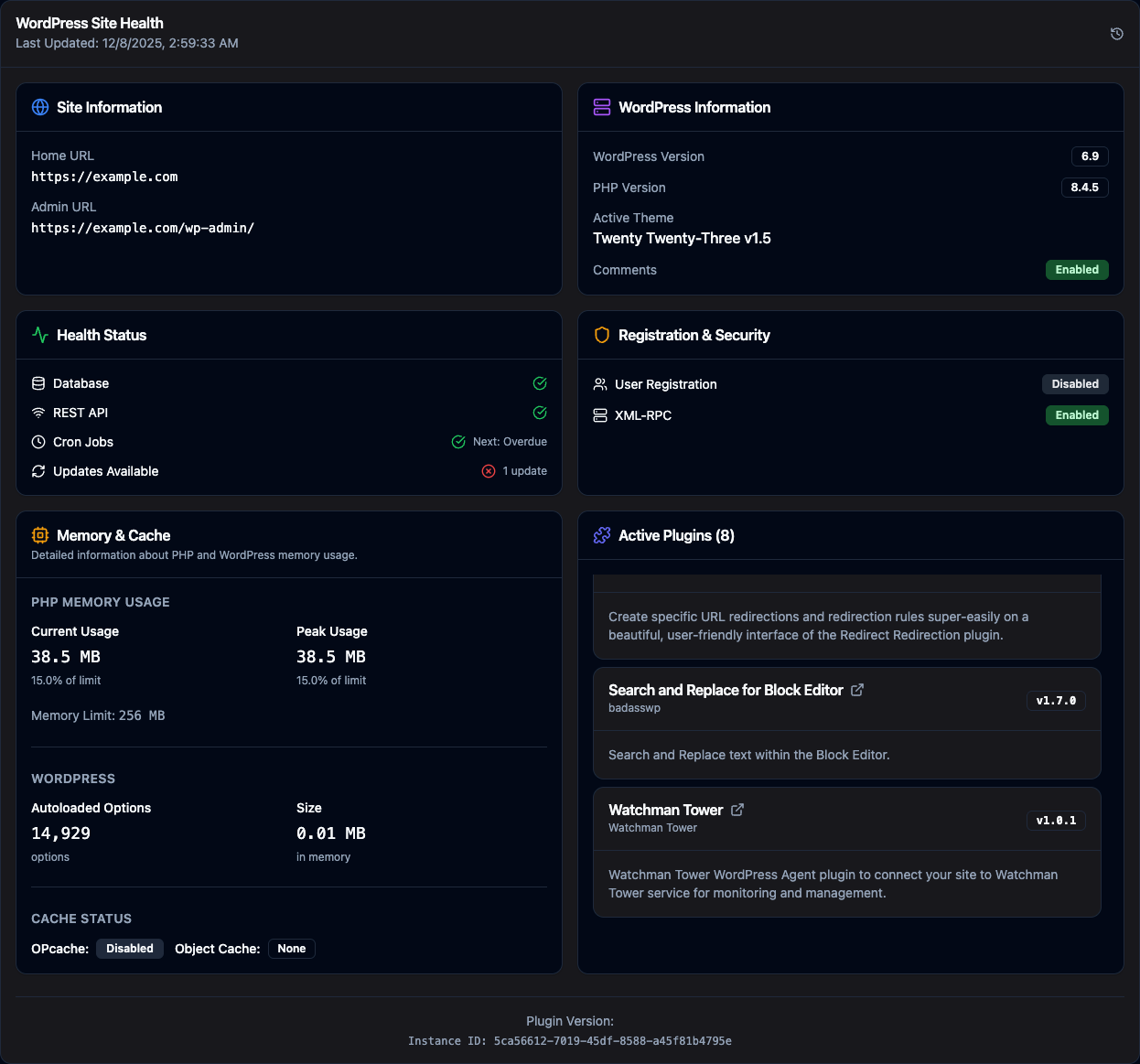 WordPress Site Health – Detailed WordPress-specific metrics including PHP version, active theme, cron status, memory usage, and plugin list.