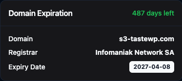 Domain Expiration – Automatic tracking of domain expiry with remaining days and registrar details.