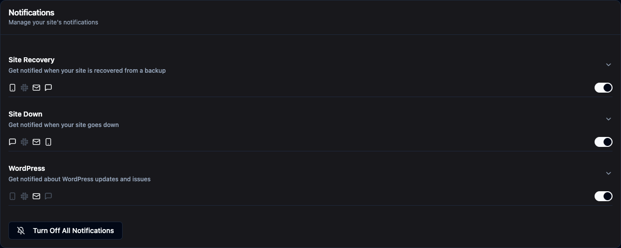 Notification Settings – Configure alerts via email, Slack, Discord, Telegram, Webhook, or Zapier.