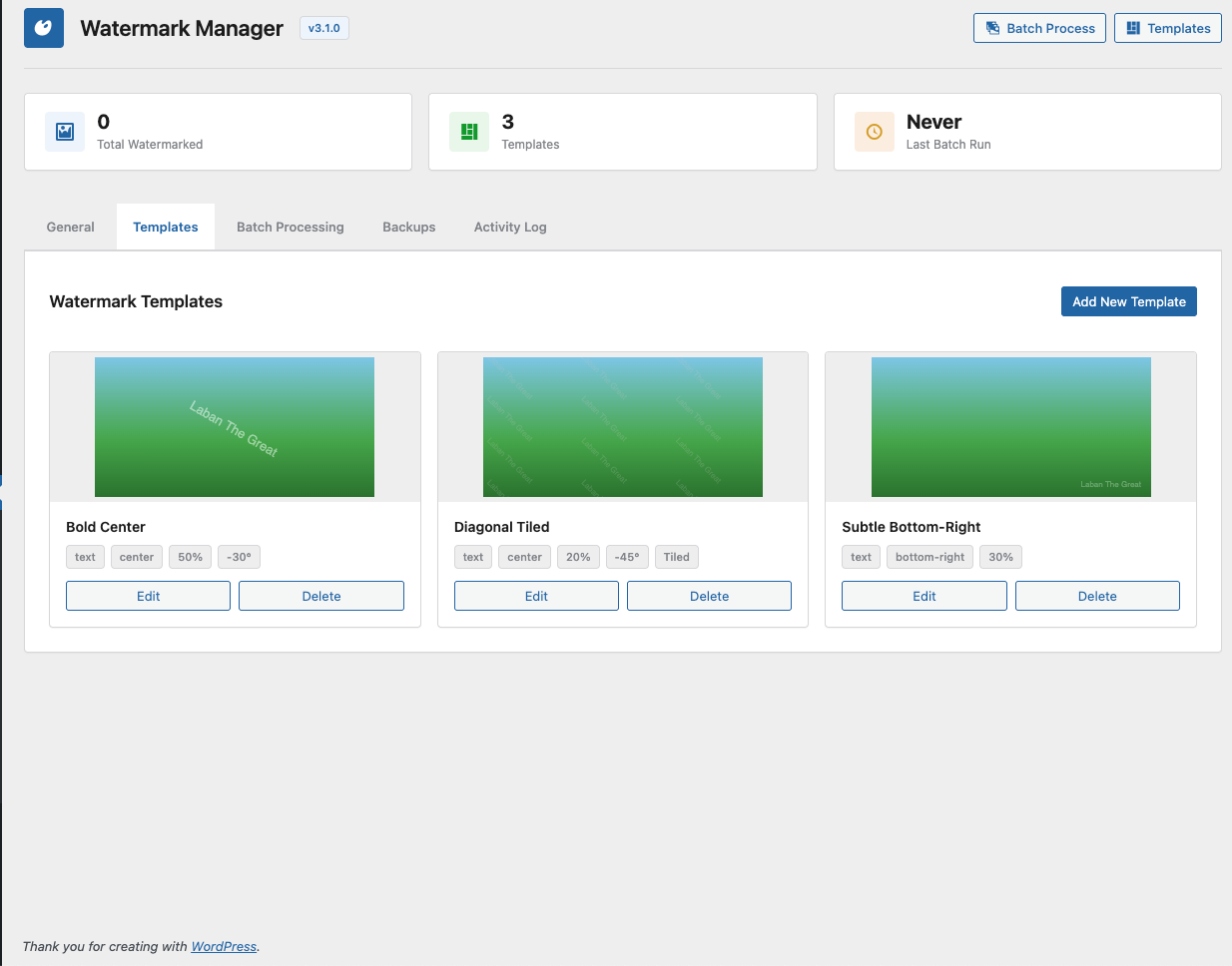 Template management with saved presets showing watermark previews