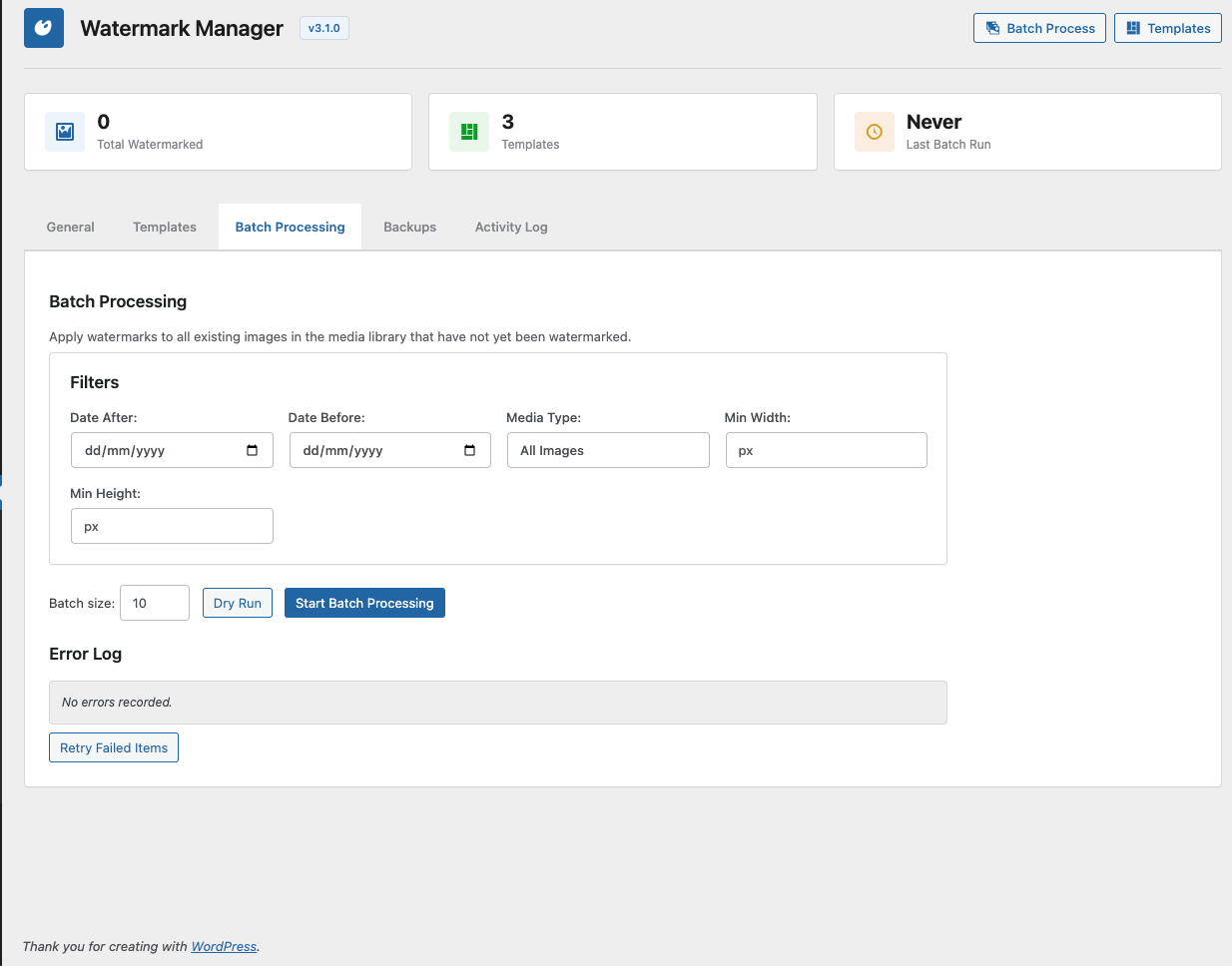 Batch processing with date range filters, dimension filters, dry run, and error log