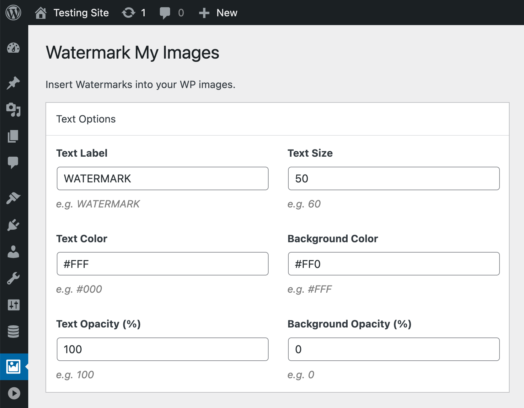 Watermark Text Options - Configure your plugin text options here.