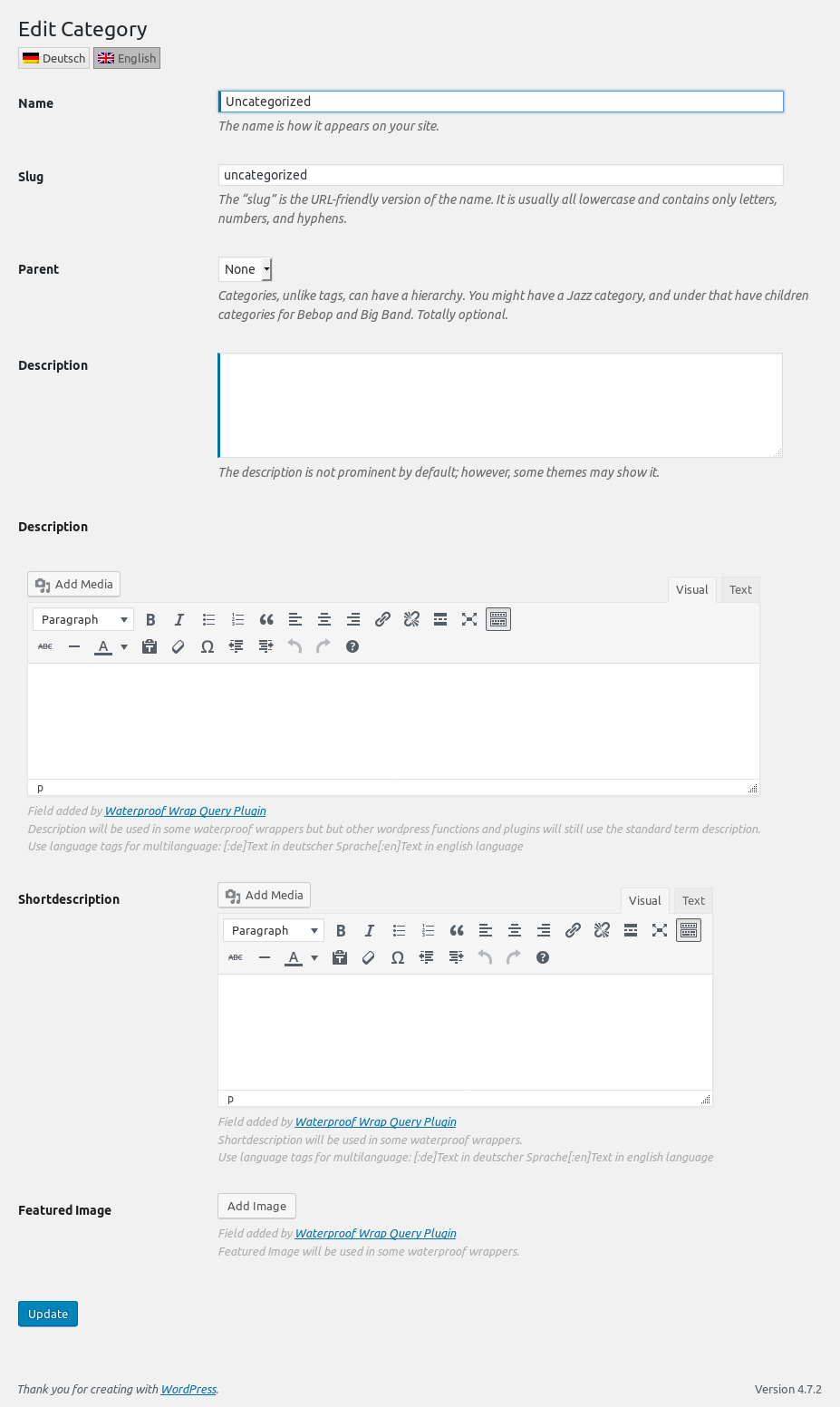Edit term/category screen with extra fields