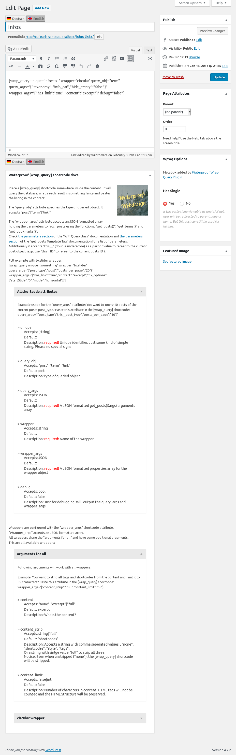Edit page screen: "Waterproof [wrap_query] shortcode docs" metabox and "Wpwq Options" metabox