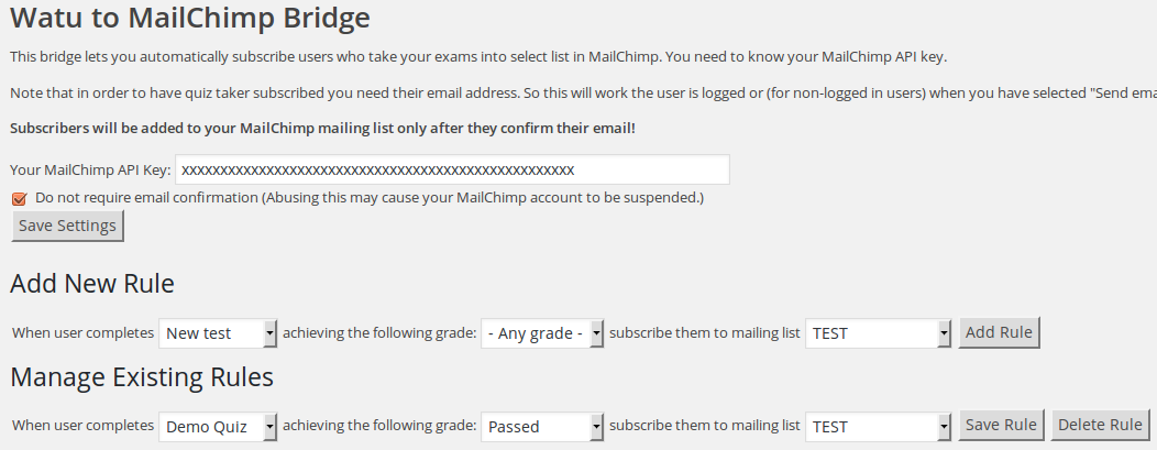 You can add rules for every quiz, and even multiple rules on the same quiz - so when different grade is achieved, the user is assigned to a different mailing list.