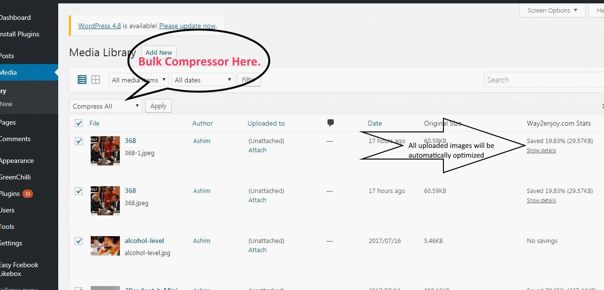 Bulk optimizer aka the "Compress All" which appears as an overlay.Check on radio and select images and compress image by clicking apply.