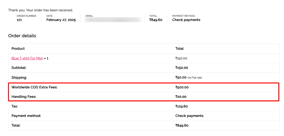 Additional Charges information on thankyou Page