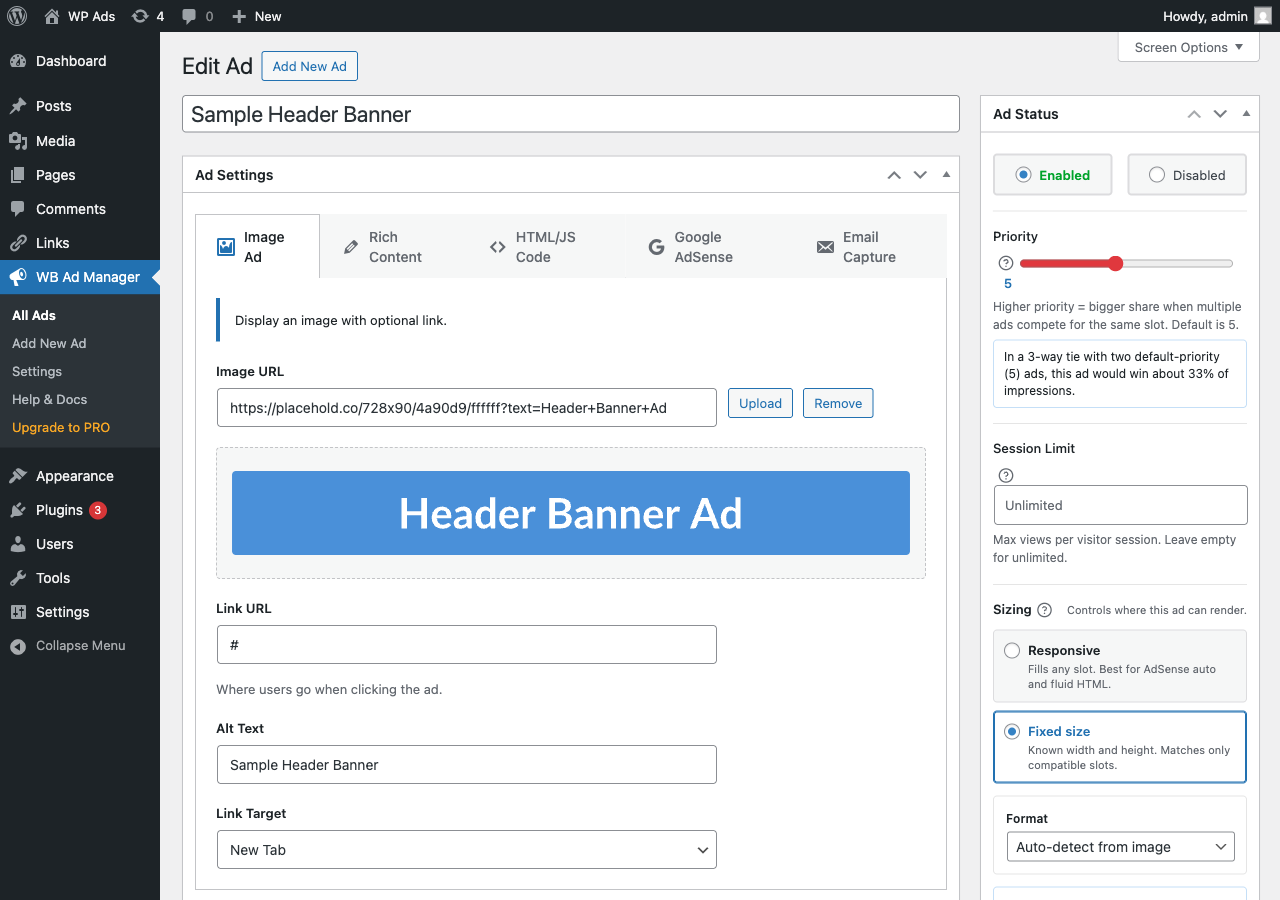 Ad editor. Five ad types (Image, Rich Content, HTML/JS Code, Google AdSense, Email Capture) with a weighted-priority slider, session-limit cap, and responsive/fixed sizing.