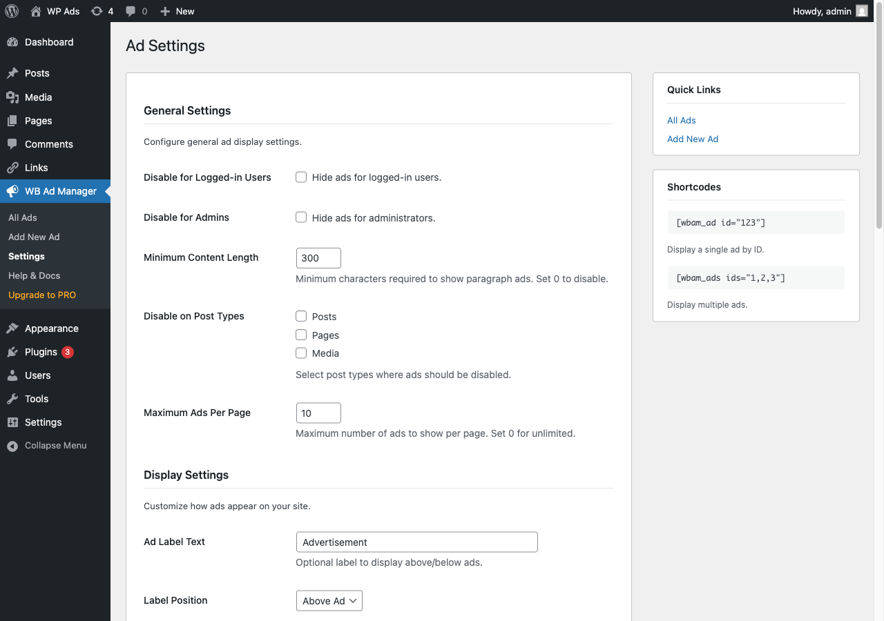 Settings page. General, display, performance, geo, AdSense, privacy, and advanced options in one place.